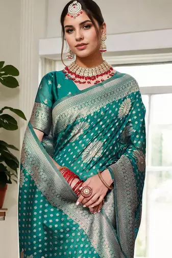 Turquoise woven design organza banarasi saree