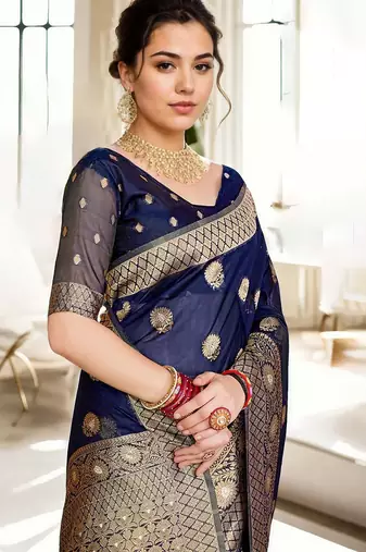 Navy blue woven design zari organza banarasi saree