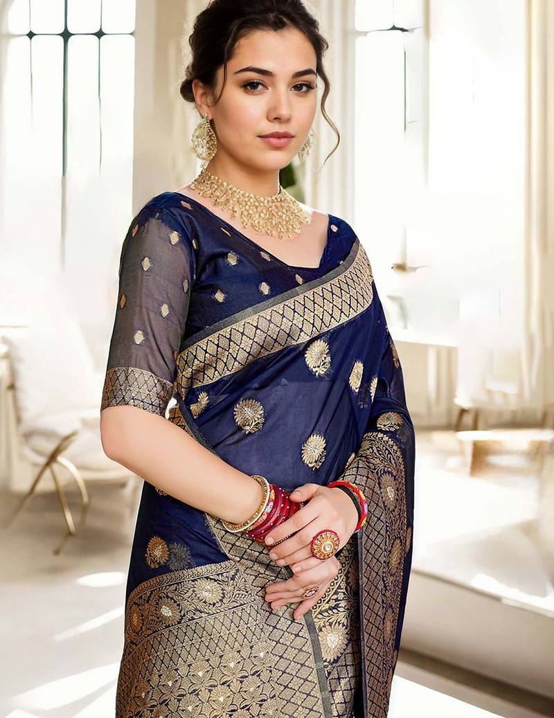 Navy blue woven design zari organza banarasi saree