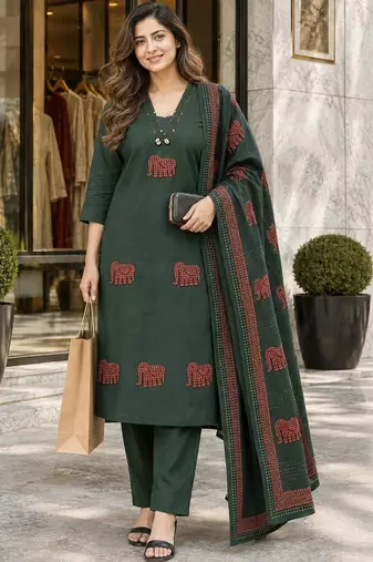 women ethnic motifs embroidered regular thread work  cotton kurta with trousers & with