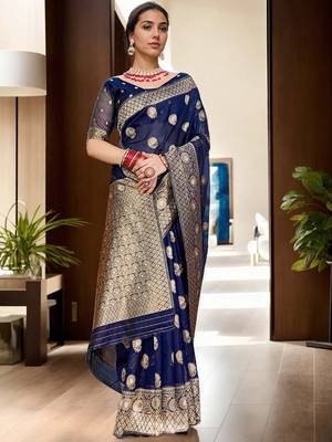 Navy blue woven design zari organza banarasi saree 2