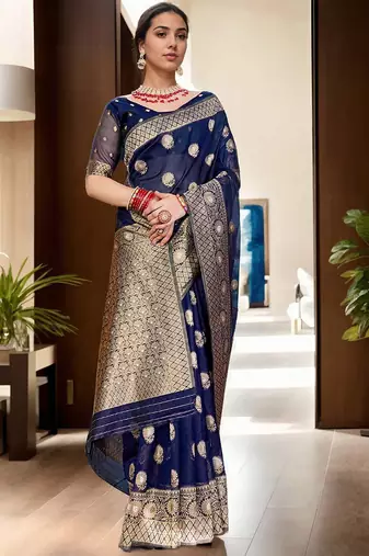 Navy blue woven design zari organza banarasi saree