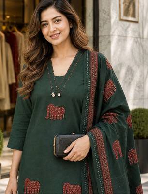 women ethnic motifs embroidered regular thread work  cotton kurta with trousers & with 2