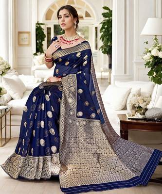 Navy blue woven design zari organza banarasi saree 3