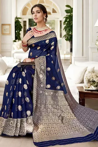 Navy blue woven design zari organza banarasi saree