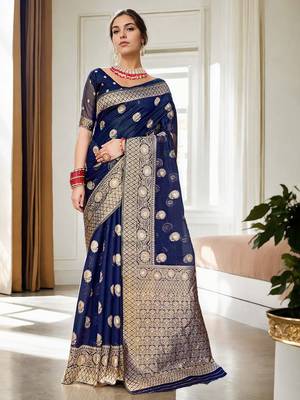 Navy blue woven design zari organza banarasi saree 4