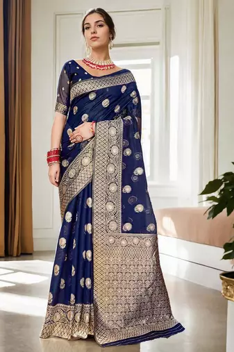 Navy blue woven design zari organza banarasi saree