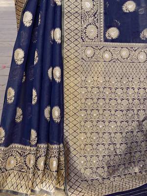 Navy blue woven design zari organza banarasi saree 5