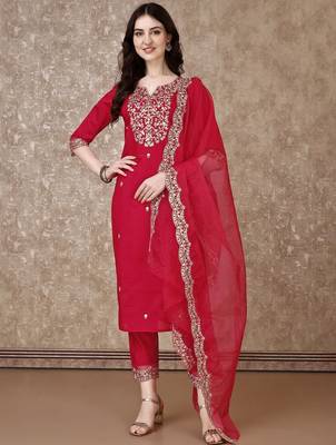 embroidered sequinned straight kurta with trousers & dupatta 1