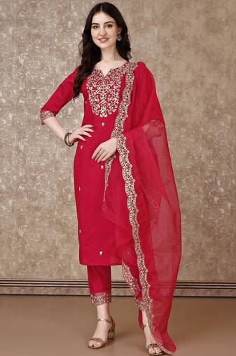 embroidered sequinned straight kurta with trousers & dupatta