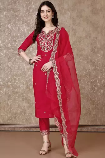 embroidered sequinned straight kurta with trousers & dupatta