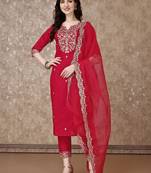 embroidered sequinned straight kurta with trousers & dupatta