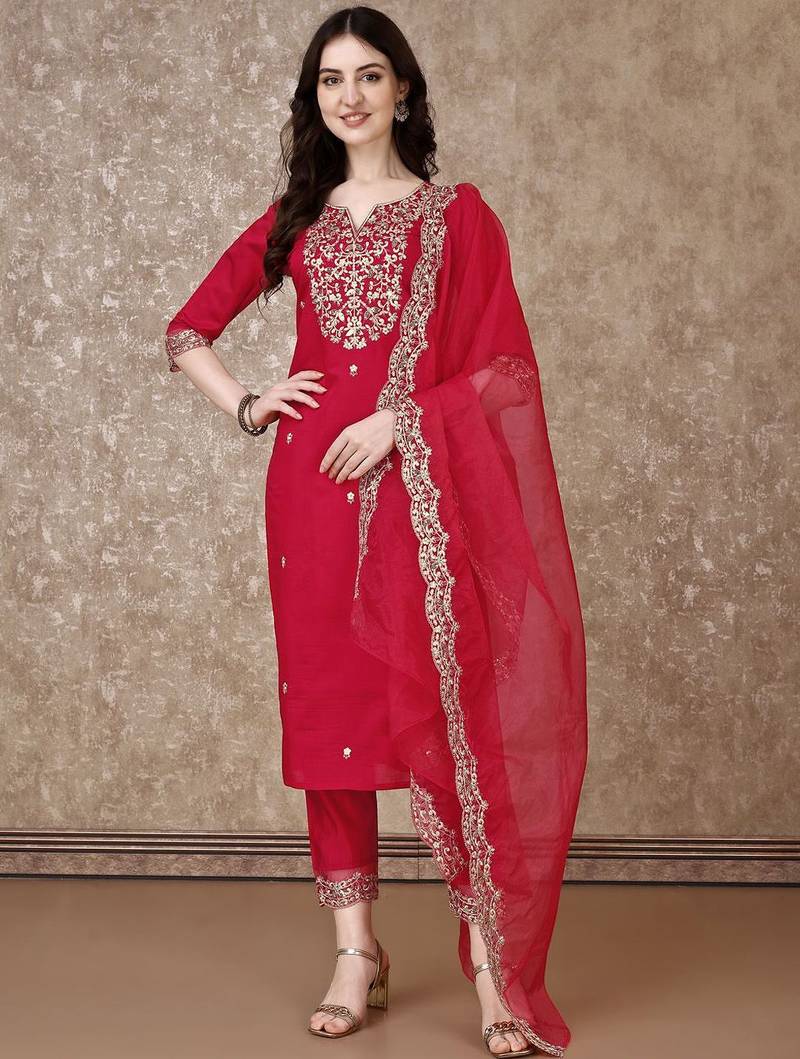 embroidered sequinned straight kurta with trousers & dupatta