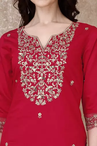 embroidered sequinned straight kurta with trousers & dupatta