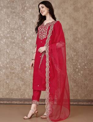 embroidered sequinned straight kurta with trousers & dupatta 4