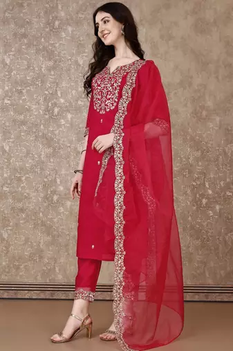 embroidered sequinned straight kurta with trousers & dupatta