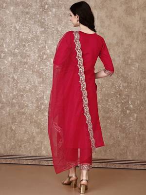 embroidered sequinned straight kurta with trousers & dupatta 5