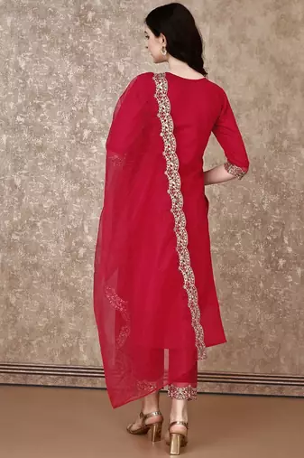 embroidered sequinned straight kurta with trousers & dupatta