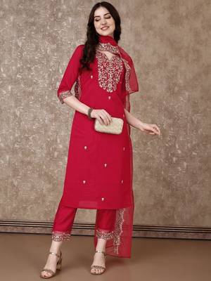 embroidered sequinned straight kurta with trousers & dupatta 6