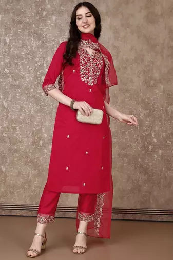 embroidered sequinned straight kurta with trousers & dupatta
