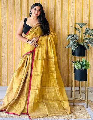 Yellow woven design tissue saree 1