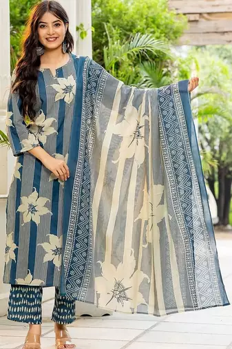 women floral printed regular  cotton kurta with trousers & with dupatta