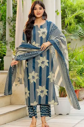 women floral printed regular  cotton kurta with trousers & with dupatta