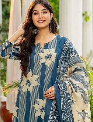 women floral printed regular  cotton kurta with trousers & with dupatta 6