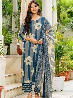 women floral printed regular  cotton kurta with trousers & with dupatta 7