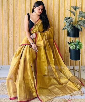 Yellow woven design tissue saree 3