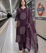 women ethnic motifs printed regular  cotton kurta with trousers & with dupatta
