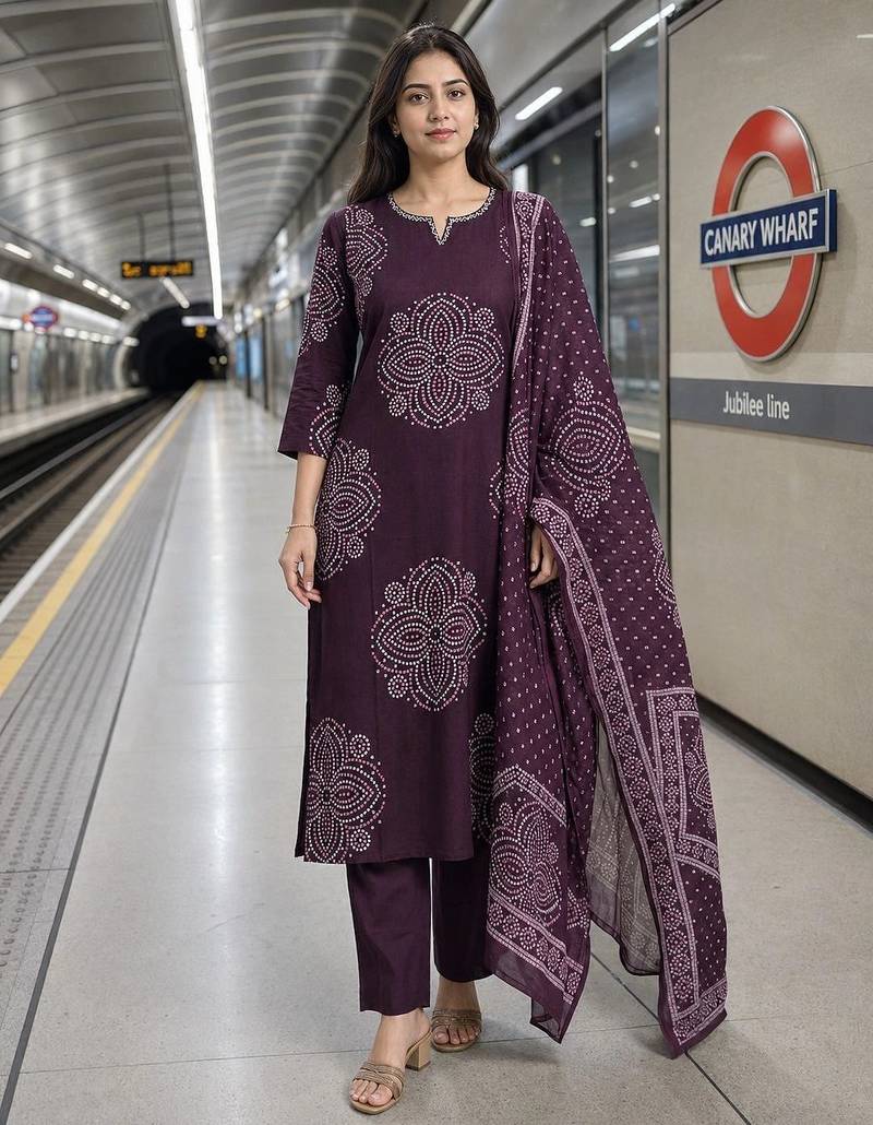 women ethnic motifs printed regular  cotton kurta with trousers & with dupatta