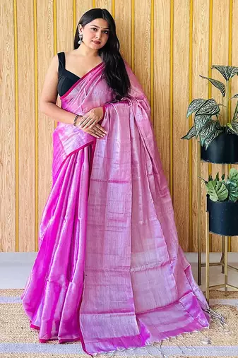 Pink zari woven solid tissue saree