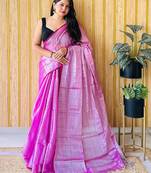 Pink zari woven solid tissue saree
