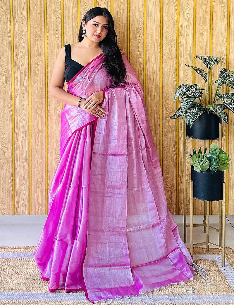 Pink zari woven solid tissue saree