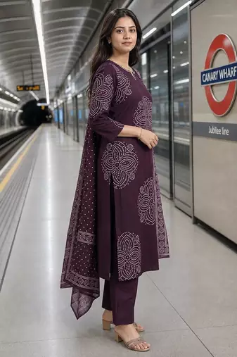women ethnic motifs printed regular  cotton kurta with trousers & with dupatta