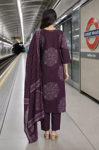 women ethnic motifs printed regular  cotton kurta with trousers & with dupatta