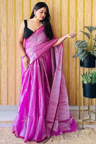 Pink zari woven solid tissue saree