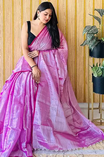 Pink zari woven solid tissue saree
