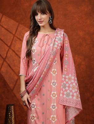 embroidered tie-up neck thread work straight kurta with trousers & dupatta 2