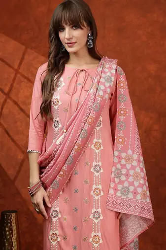 embroidered tie-up neck thread work straight kurta with trousers & dupatta