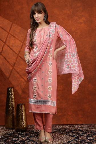embroidered tie-up neck thread work straight kurta with trousers & dupatta