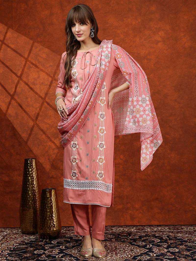 embroidered tie-up neck thread work straight kurta with trousers & dupatta