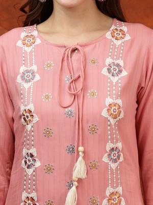 embroidered tie-up neck thread work straight kurta with trousers & dupatta 3