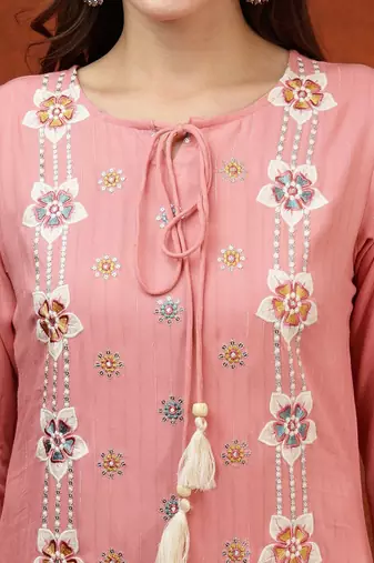 embroidered tie-up neck thread work straight kurta with trousers & dupatta