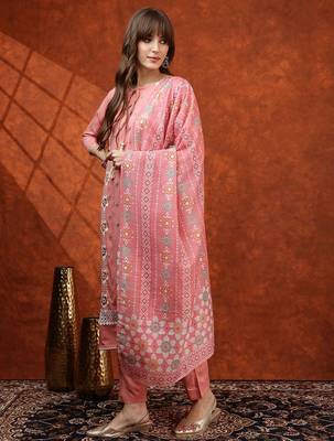 embroidered tie-up neck thread work straight kurta with trousers & dupatta 4