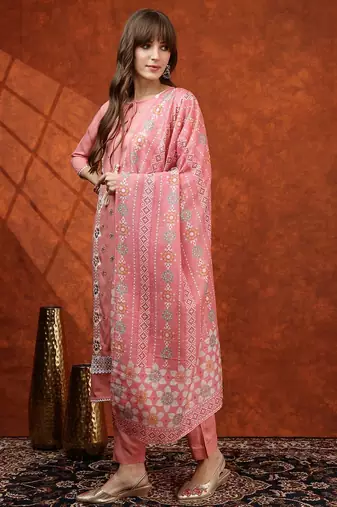 embroidered tie-up neck thread work straight kurta with trousers & dupatta