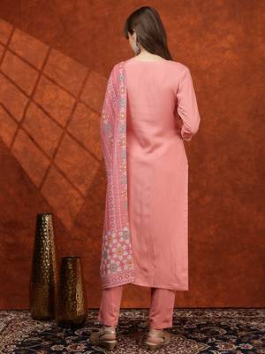 embroidered tie-up neck thread work straight kurta with trousers & dupatta 5