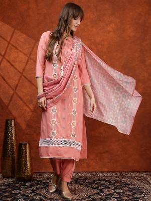 embroidered tie-up neck thread work straight kurta with trousers & dupatta 6