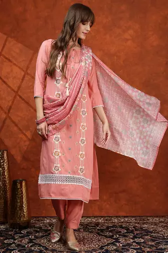 embroidered tie-up neck thread work straight kurta with trousers & dupatta